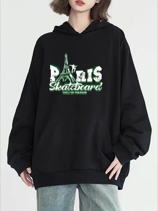 Chic Paris Letter Print Hoodie For Women - Casual Long Sleeve With Pockets, Cozy Knit Pullover For Fall & Winter