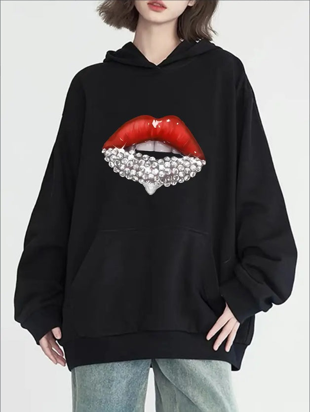 Chic Diamond Red Lips Print Hoodie For Women - Casual Long Sleeve With Pockets, Cozy Knit Pullover For Fall & Winter