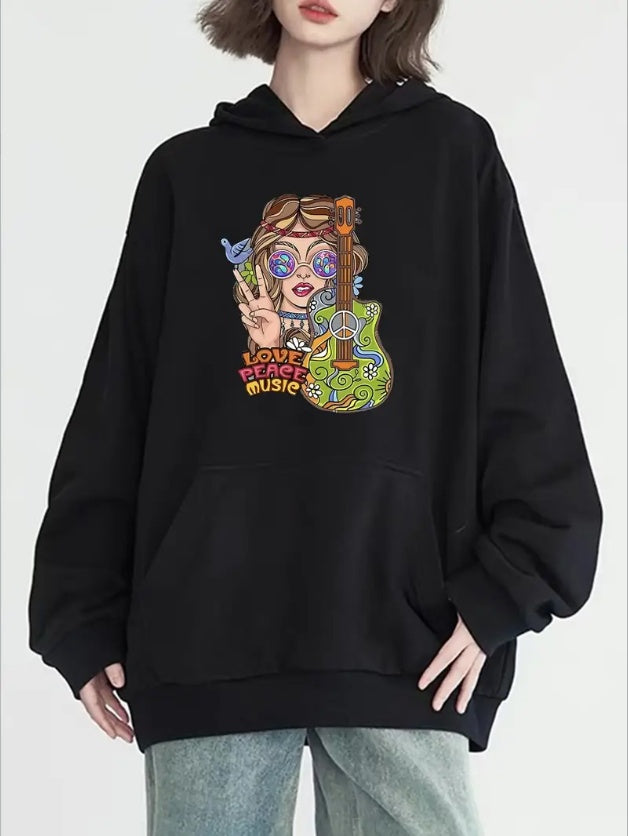 Women'S Fashion Guitar Girl Pattern Print Hoodie, Long Sleeve, Crew Neck, Casual Pullover With Pocket, For All Seasons