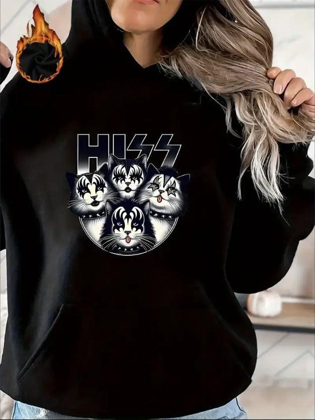 Women'S Y2K Cat Graphic Kangaroo Pocket Hoodie, Casual Long Sleeve Pullover Sports Top, Printed Design, All-Season Fashion