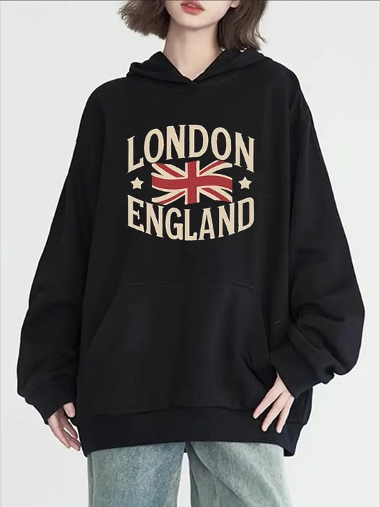 Women's Casual Hoodie With London Letter Print - Long Sleeve, Round Neck With Pockets, Cozy Knit Pullover For Fall & Winter